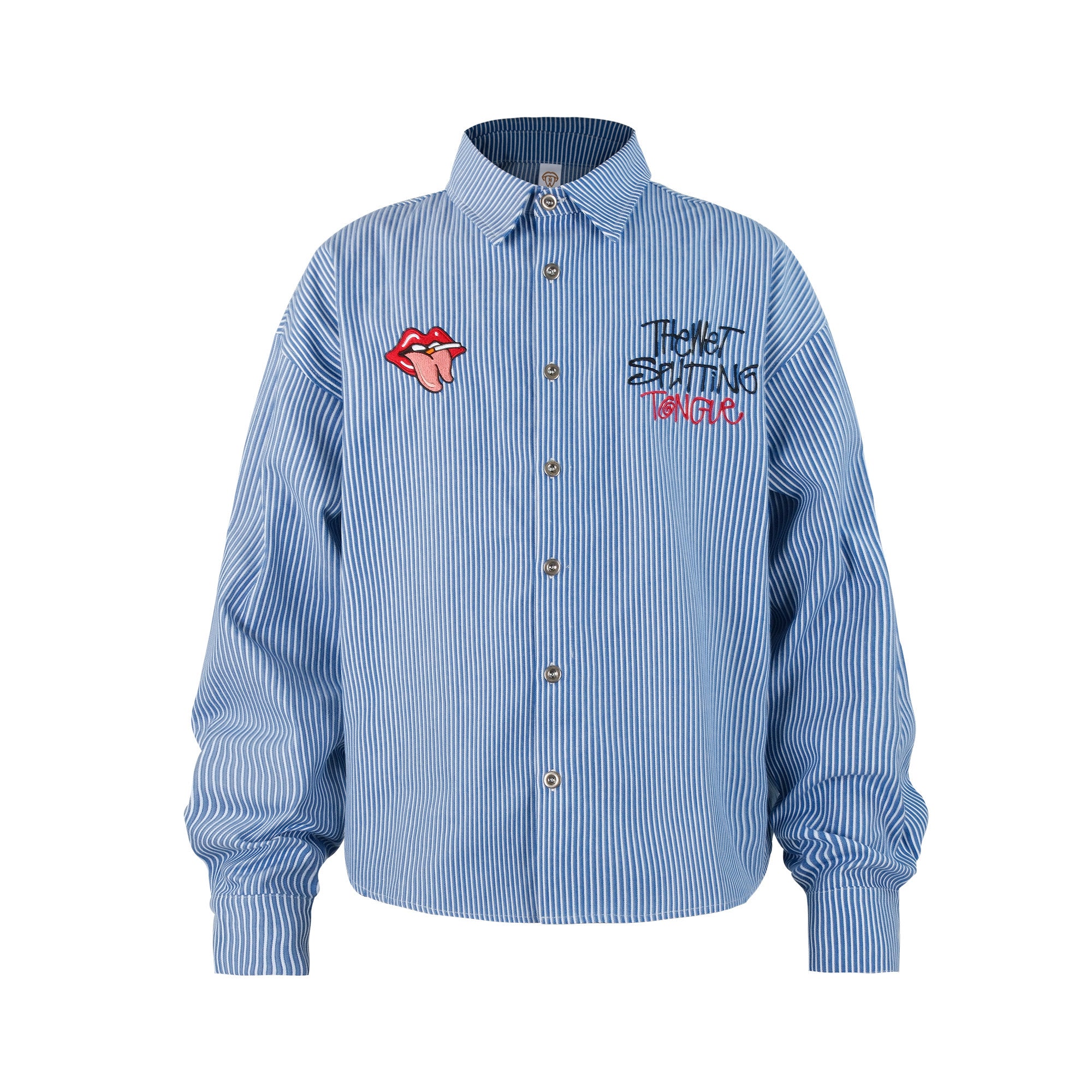 Blue striped shirt with embroidered designs on a white background