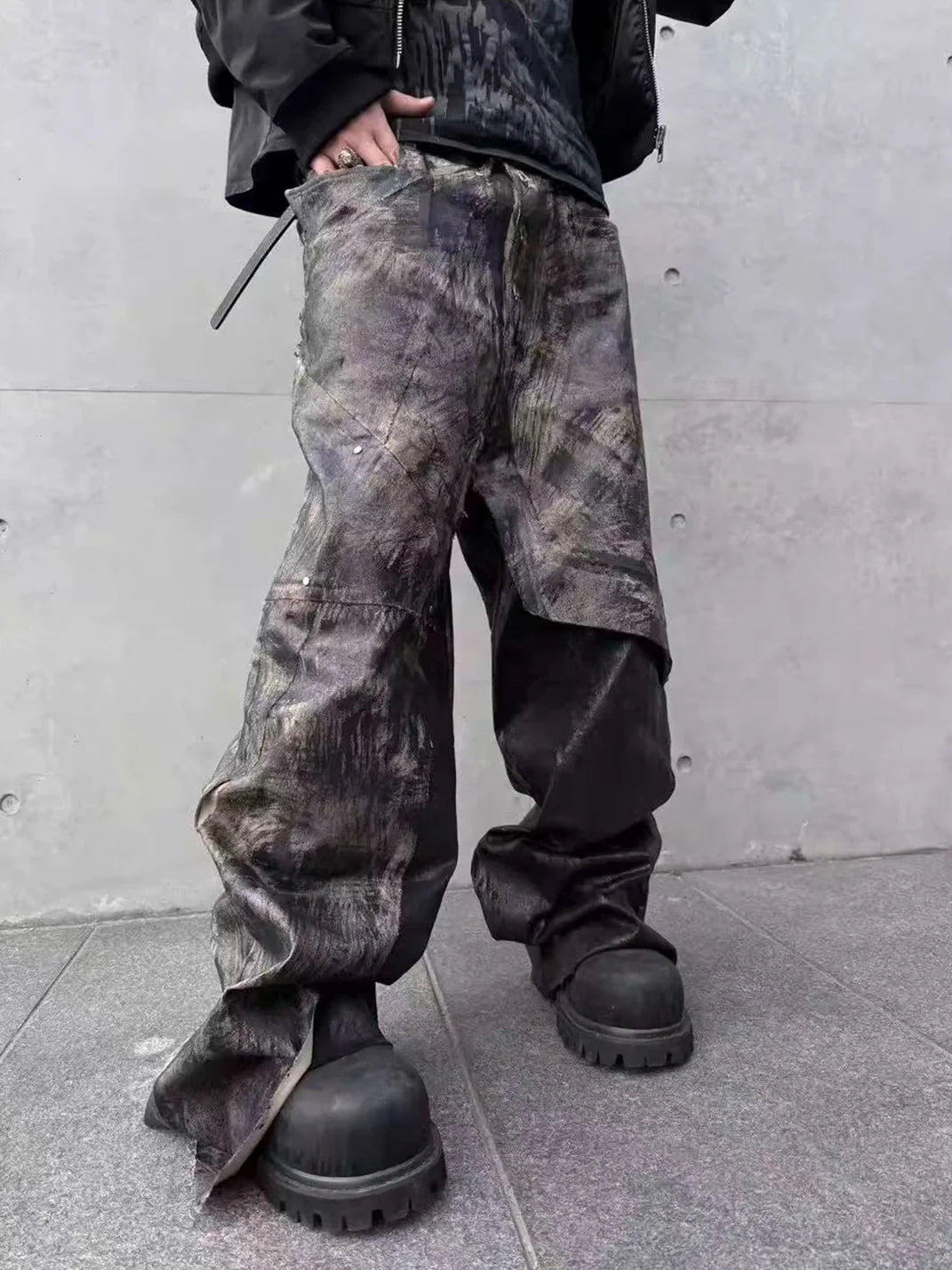 Disark Wax-Painted Patchwork Wide-Leg Pants