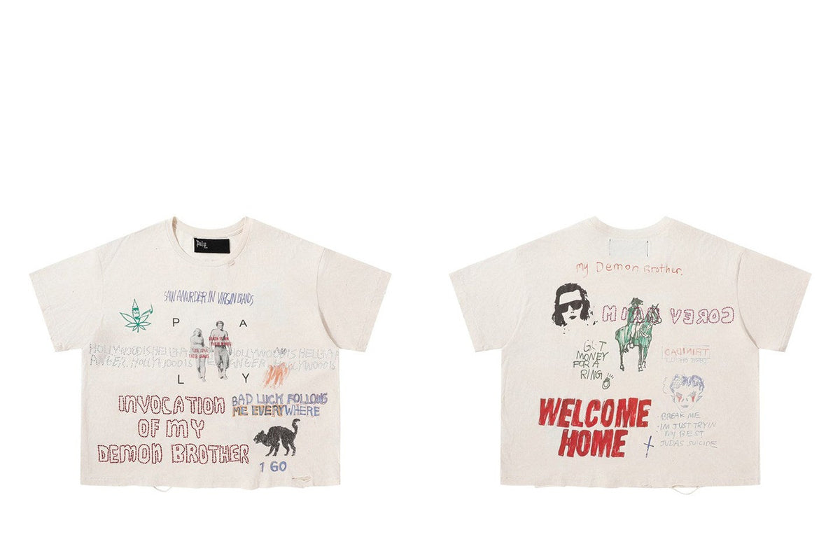 Four different t-shirts with various graphics and text on a white background