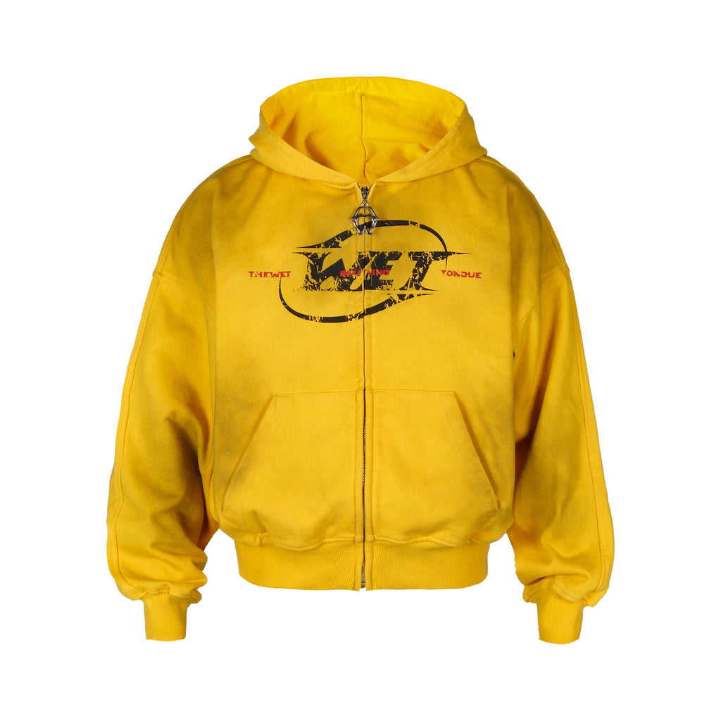 Yellow hoodie with a logo on the chest against a white background
