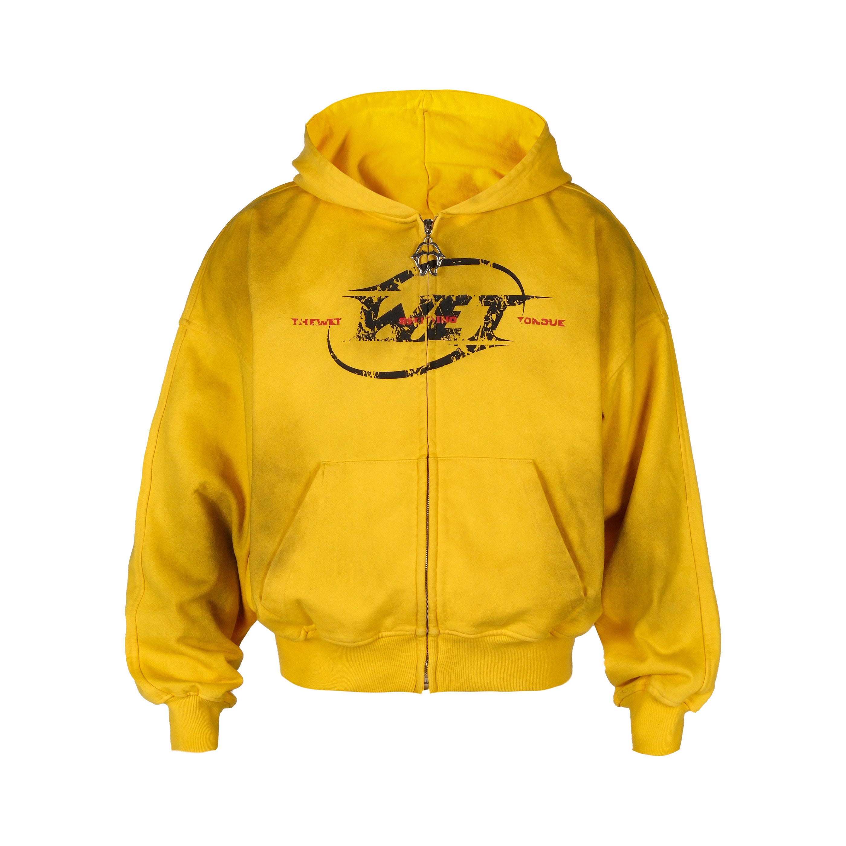Yellow hoodie with a logo on the chest against a white background