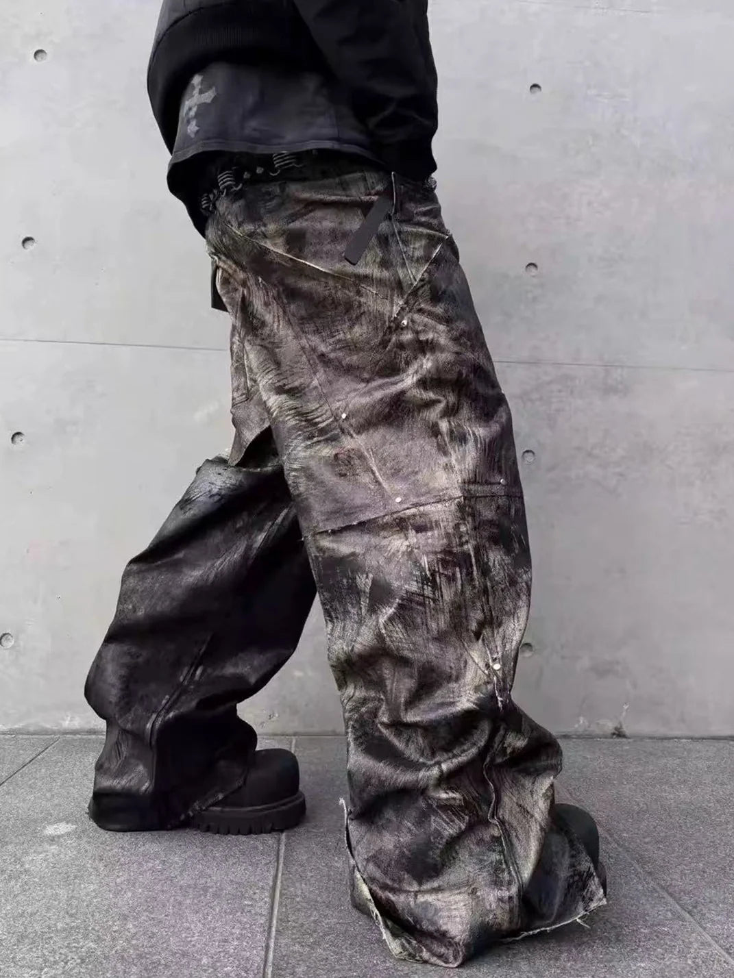 Disark Wax-Painted Patchwork Wide-Leg Pants