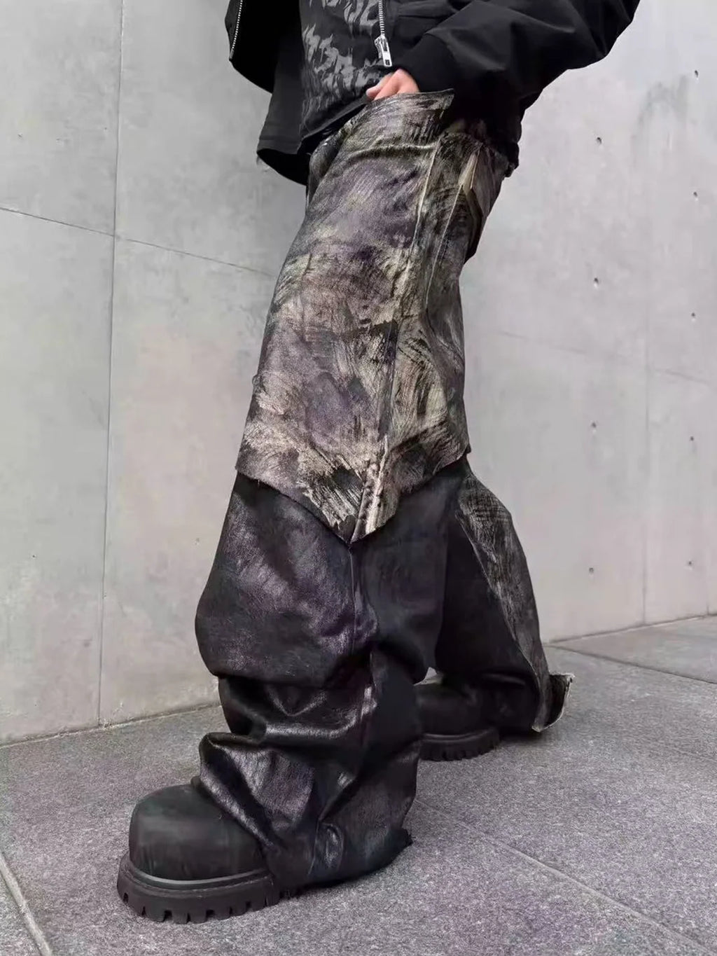 Disark Wax-Painted Patchwork Wide-Leg Pants