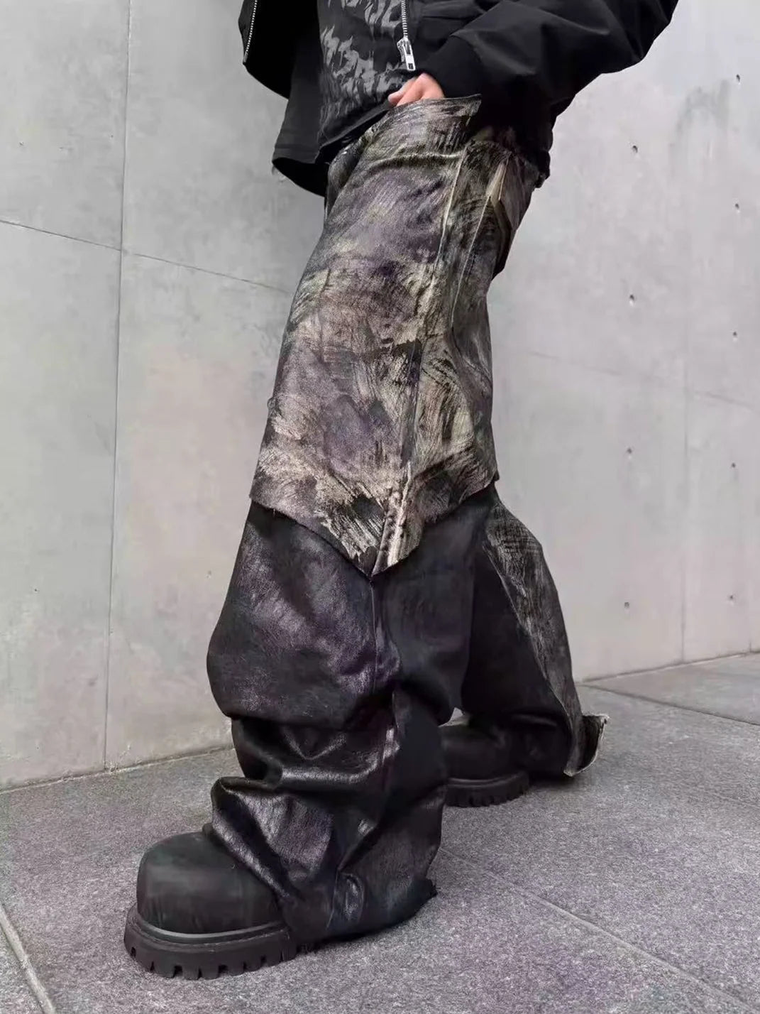 Disark Wax-Painted Patchwork Wide-Leg Pants