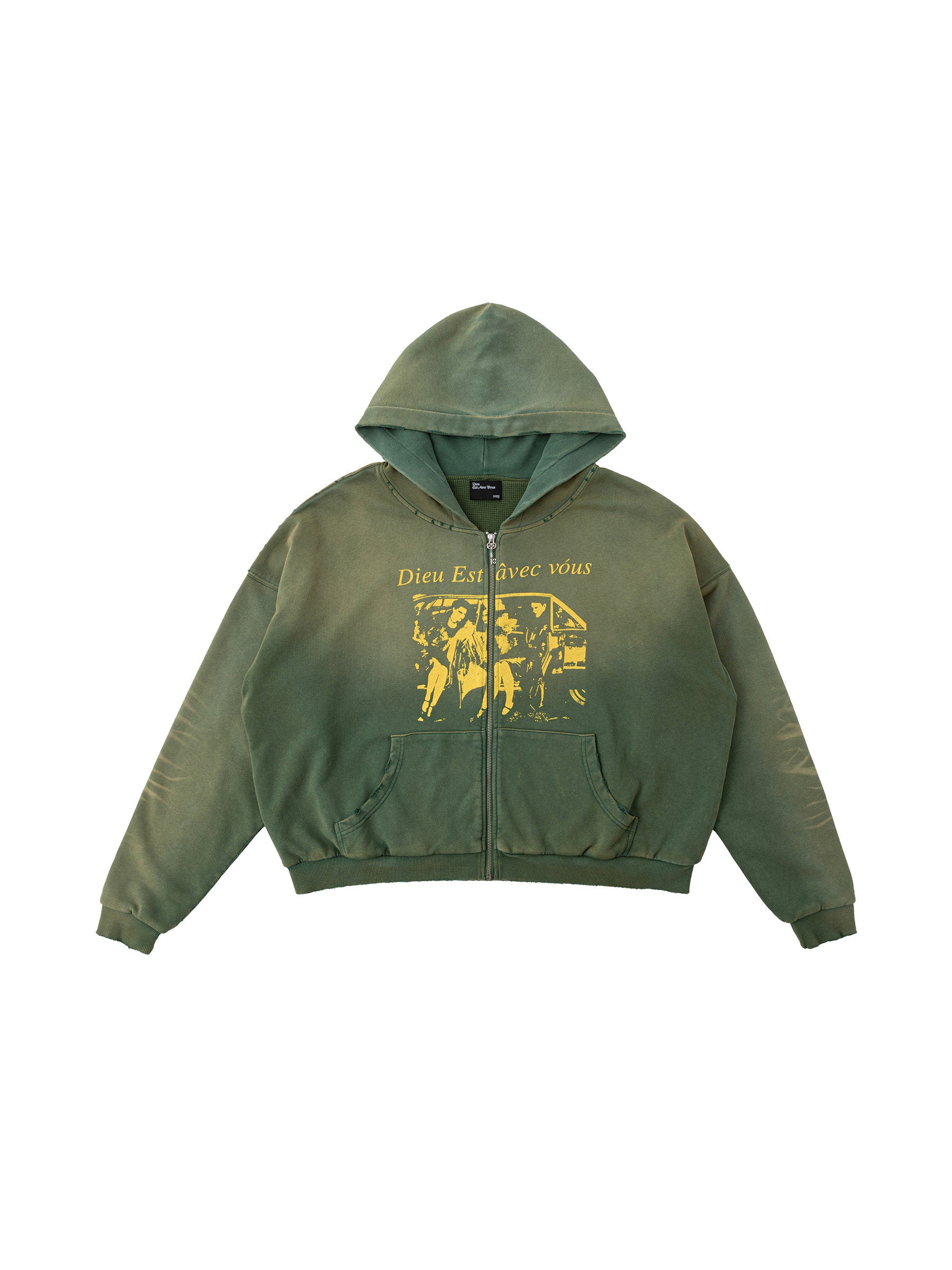An olive green zip-up hoodie with a yellow graphic print on the front featuring the text 'Dies Est Vive Our' and a vintage illustration, displayed against a plain white background.