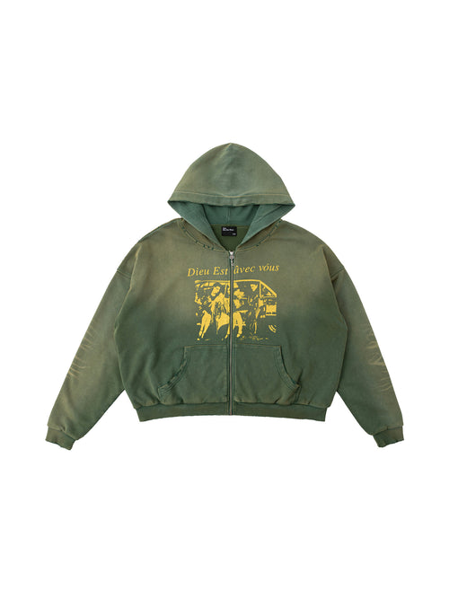 An olive green zip-up hoodie with a yellow graphic print on the front featuring the text 'Dies Est Vive Our' and a vintage illustration, displayed against a plain white background.