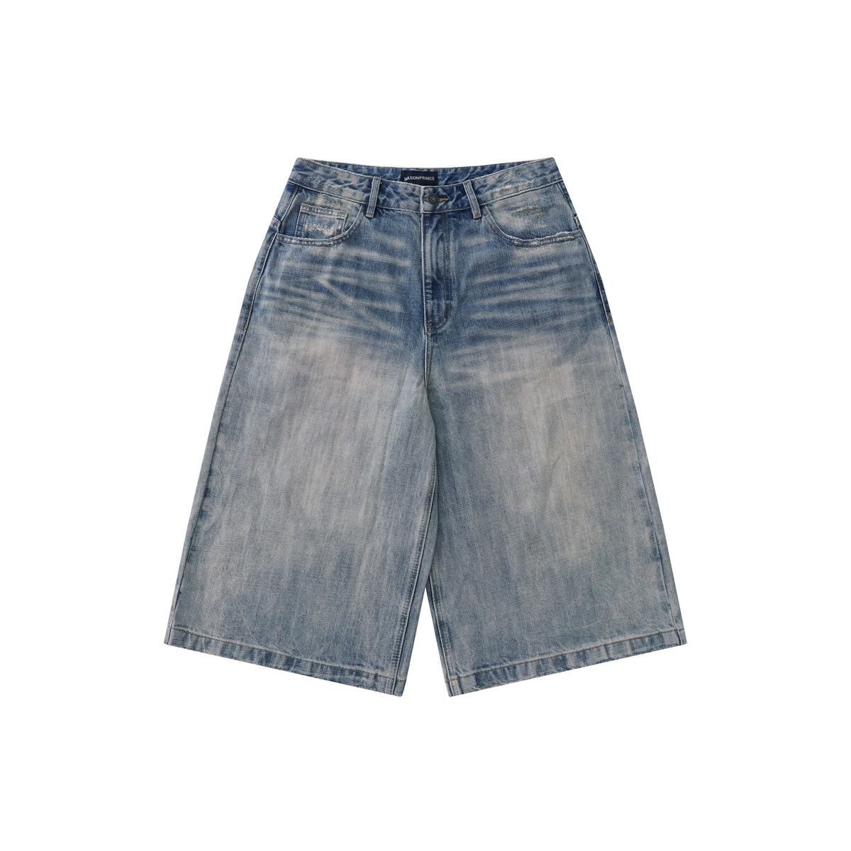 Blue denim shorts on a white background