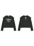 Black sweatshirt with a white logo on a white background