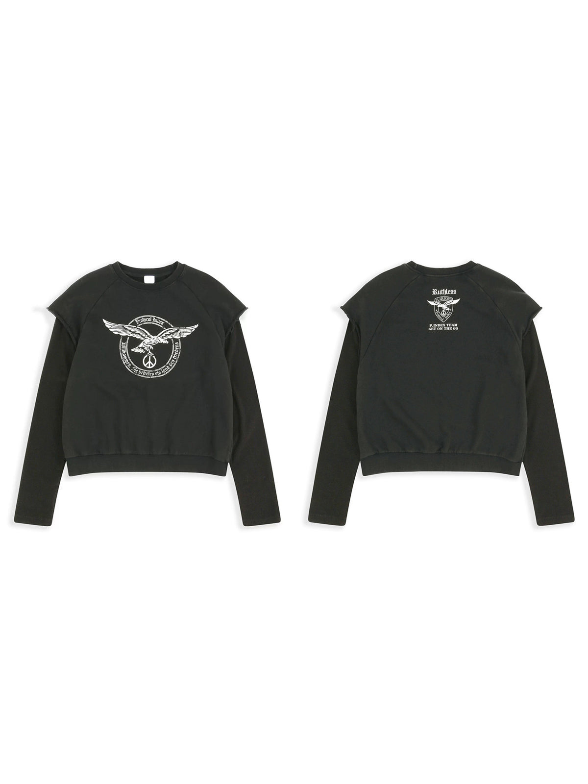 Black sweatshirt with a white logo on a white background