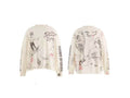 An off-white long-sleeve crewneck sweatshirt shown from both the front and back, featuring black hand-drawn style illustrations, graffiti-style text, and small red graphic accents.