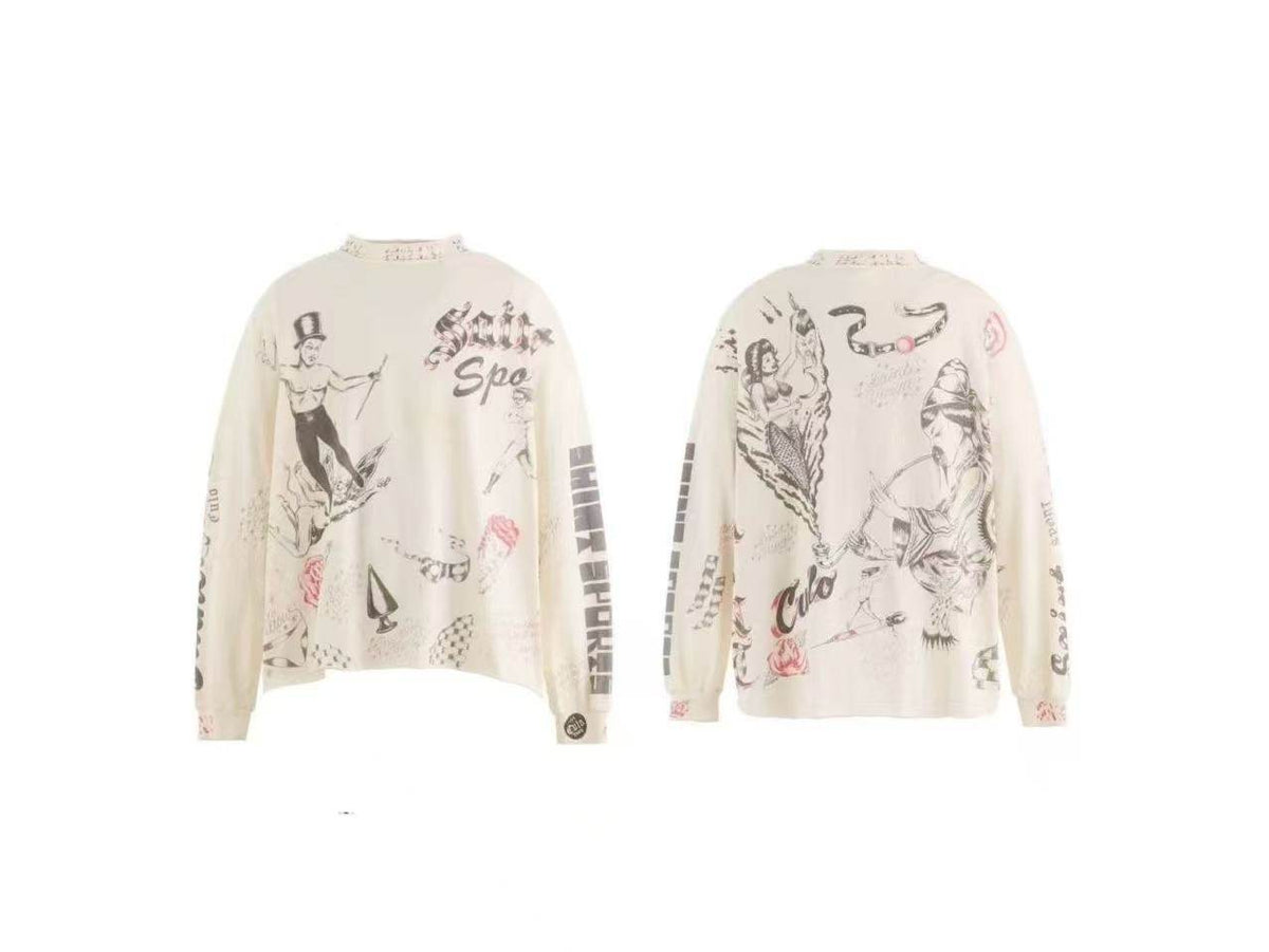 An off-white long-sleeve crewneck sweatshirt shown from both the front and back, featuring black hand-drawn style illustrations, graffiti-style text, and small red graphic accents.