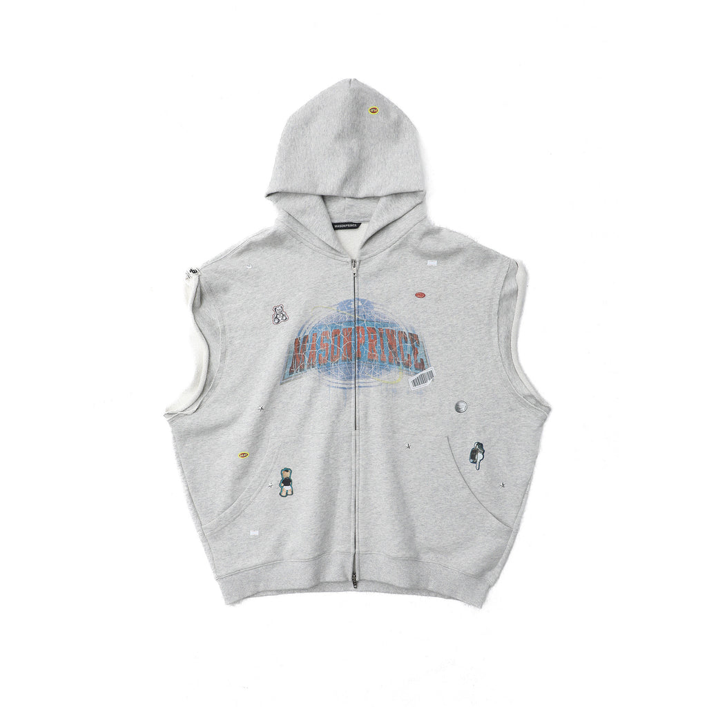 Gray sleeveless hoodie with a brand logo on a white background