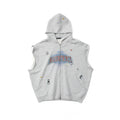Gray sleeveless hoodie with a brand logo on a white background