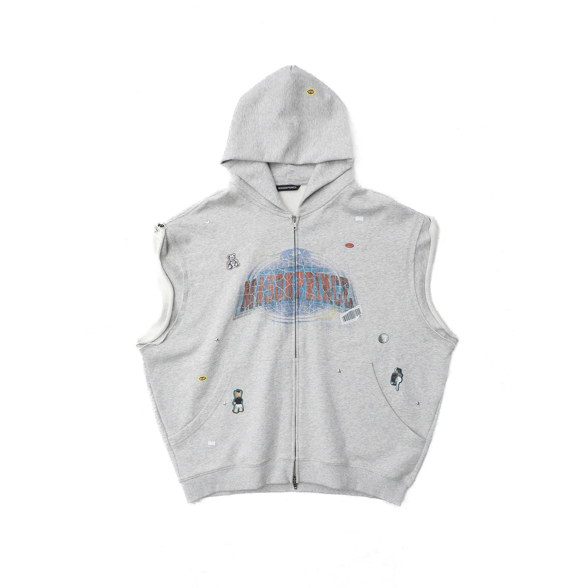 Gray sleeveless hoodie with a brand logo on a white background